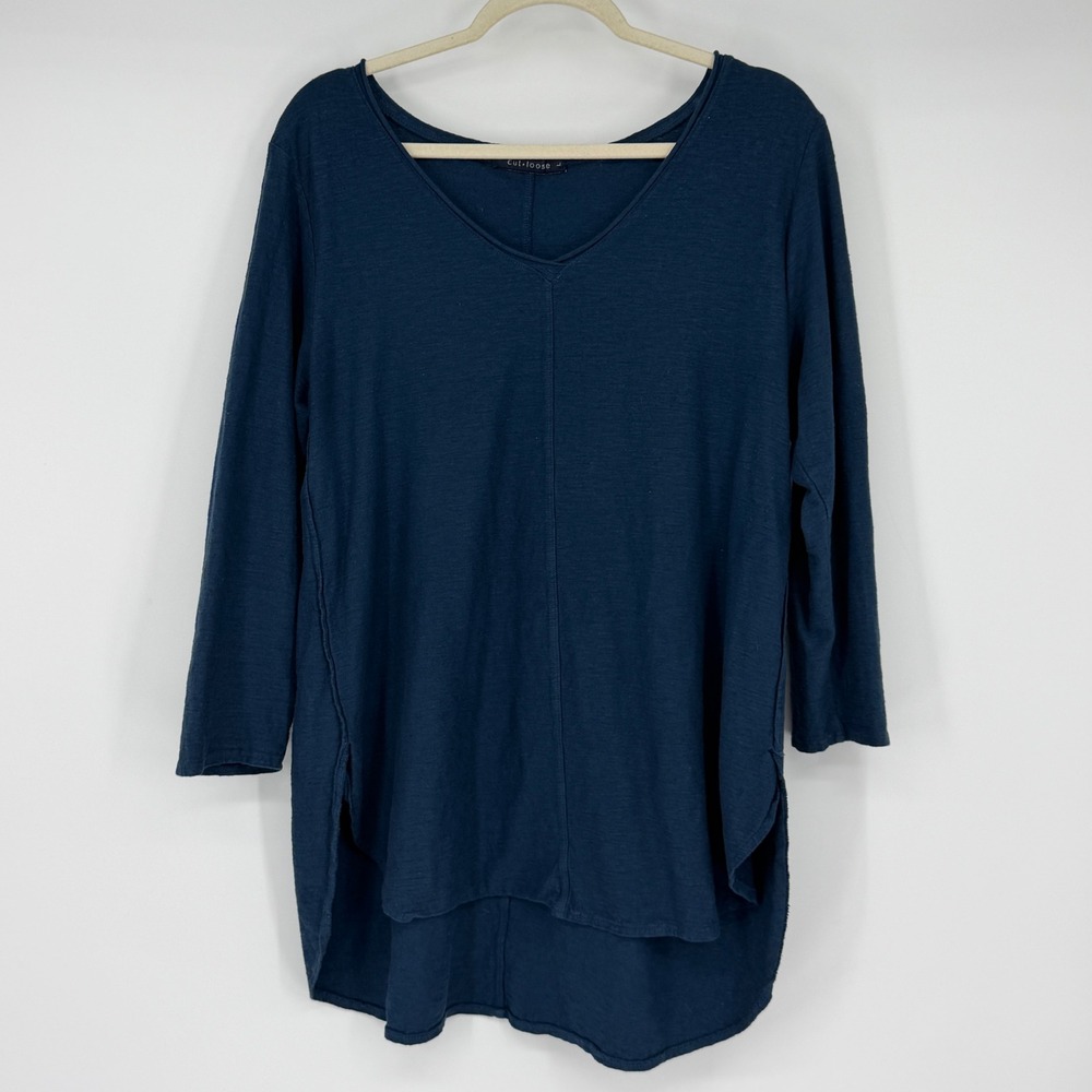 Cut Loose Navy Blue Cotton Linen V-Neck High Low Tunic Top Large USA Lagenlook
